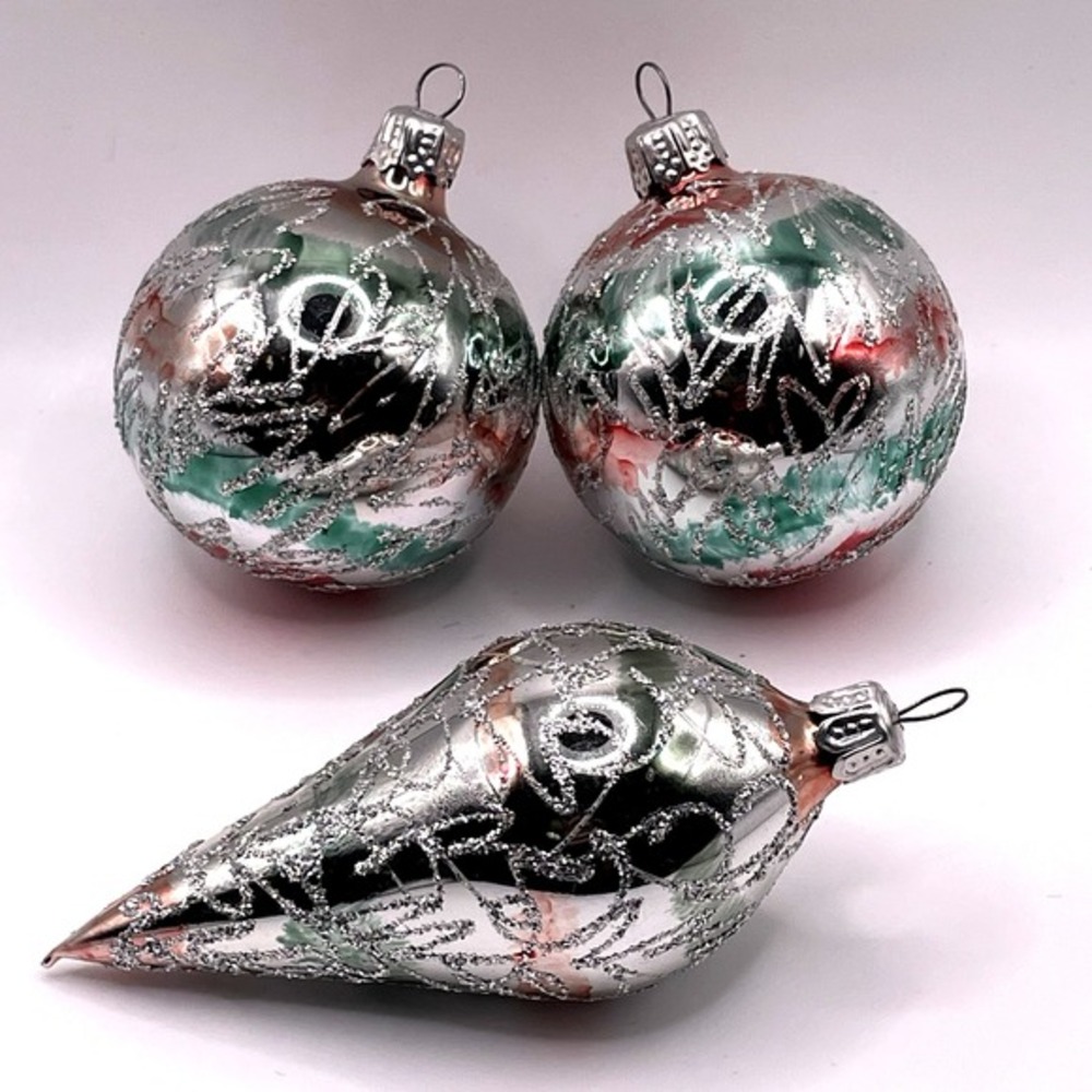 Vintage Commodore Romania Glass Mica Christmas Ornaments Teardrop Lot of‎ 3
